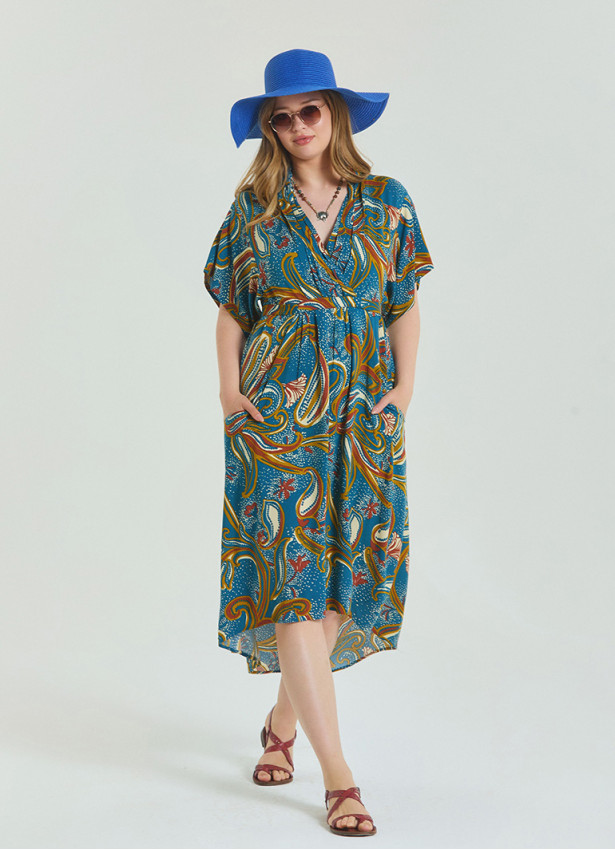V Neck Gathered Detailed Petrol Floral Plus Size Dress 4604